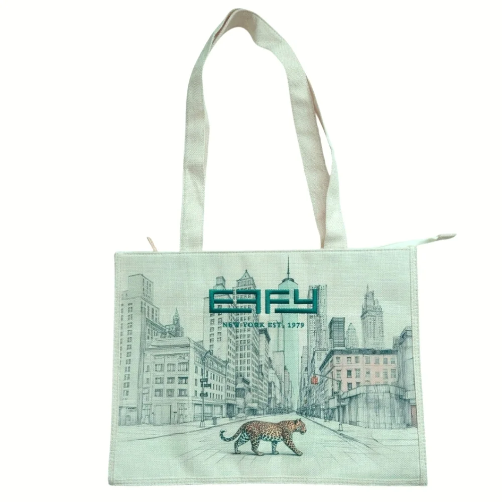 EFFY Hematian Beige Cream Fabric Zippered Tote New York City Landscape Leopard - Picture 4 of 9
